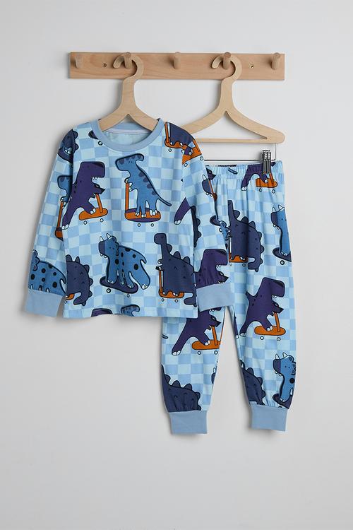Printed checker board pj set - blue/skater dino multi