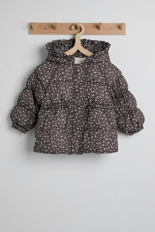 Ditsy floral hooded puffer jacket with faux fur lining - dark brown