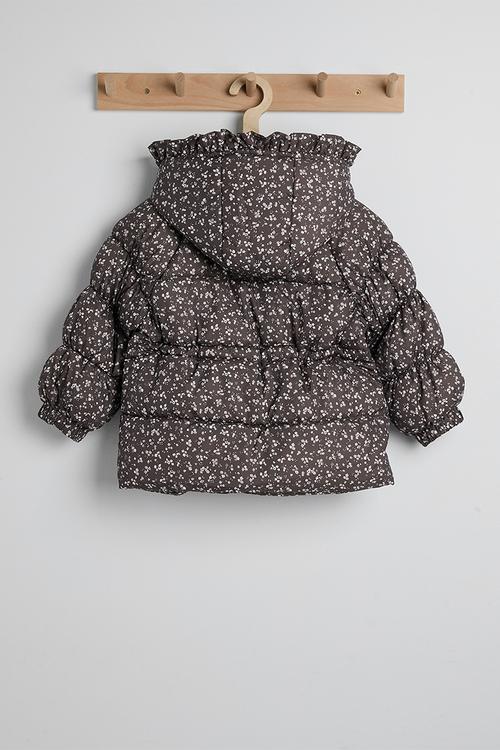 Ditsy floral hooded puffer jacket with faux fur lining - dark brown