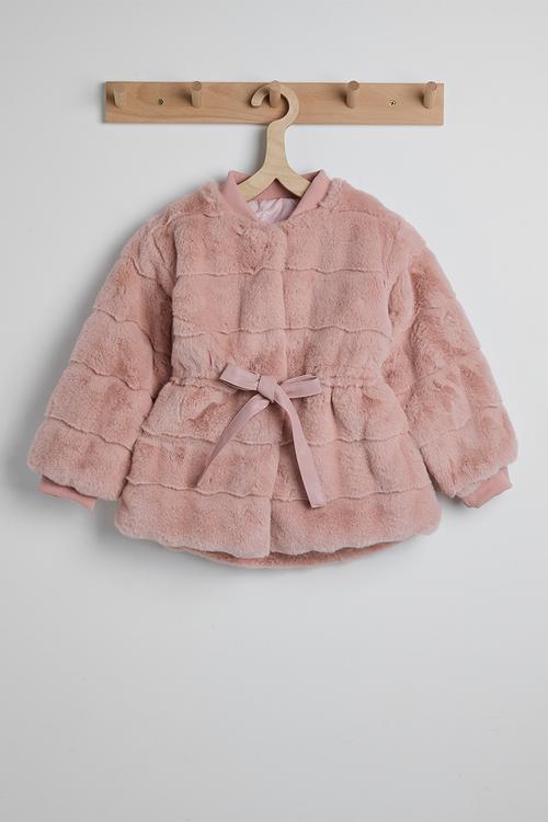 Rib collared faux fur jacket - pink