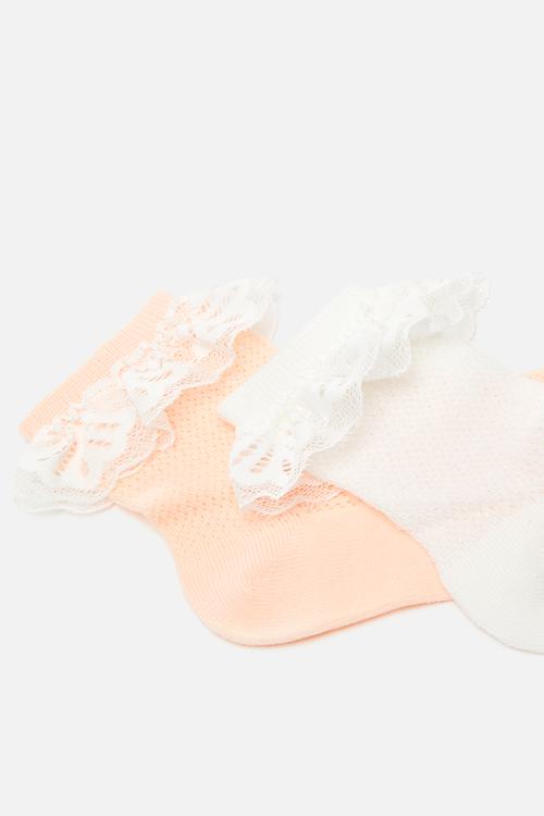 2 pack lace-frilled ankle socks - white/peach pink