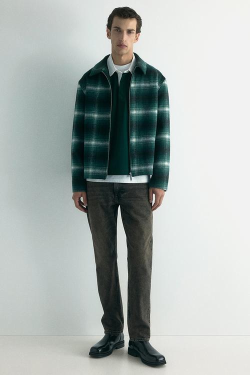 Regular fit wool-blend overshirt - dark green checked