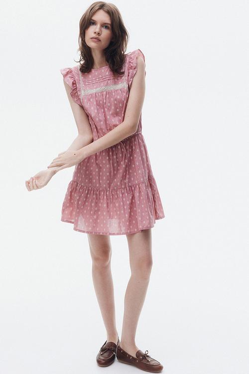 Lace-inset cotton dress - pink patterned
