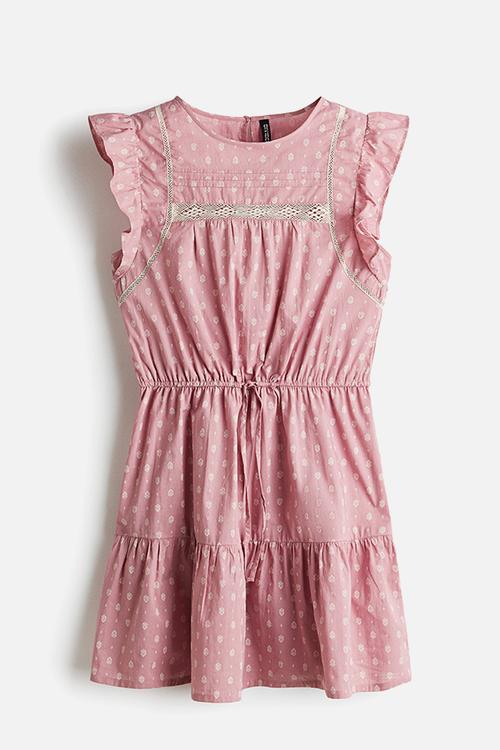 Lace-inset cotton dress - pink patterned