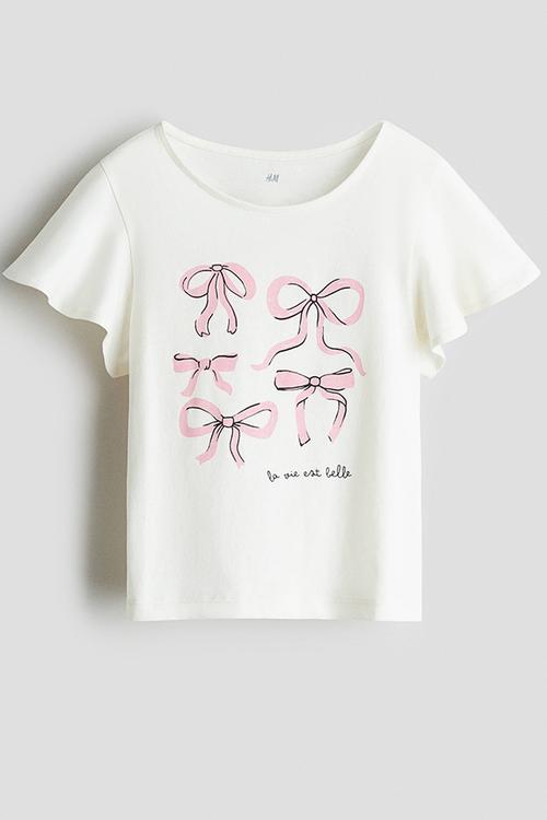 Printed flutter-sleeved top - white/bows