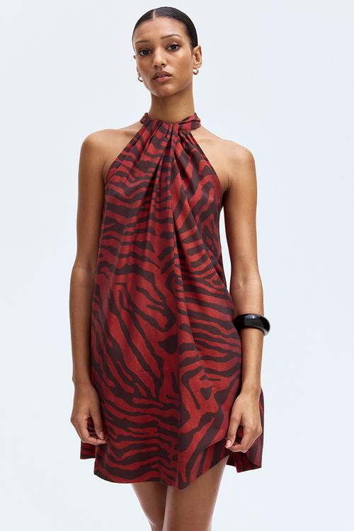 Tie-neck dress - red zebra print