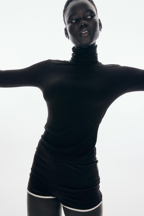 Ribbed polo-neck top - black