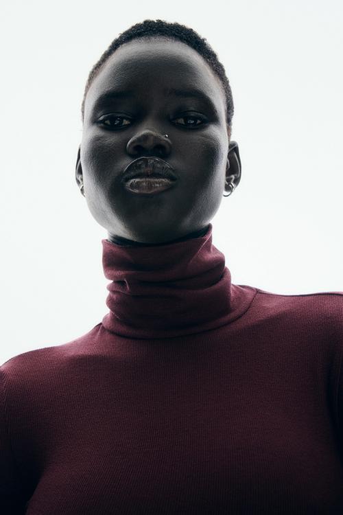Ribbed polo-neck top - burgundy