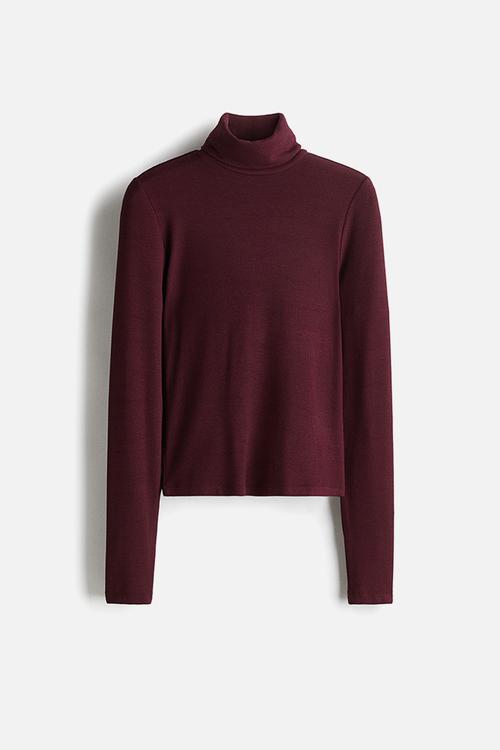 Ribbed polo-neck top - burgundy
