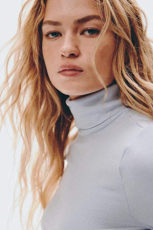 Ribbed polo-neck top - light blue