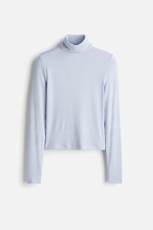 Ribbed polo-neck top - light blue