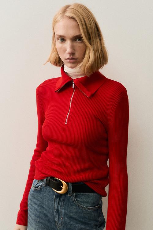 Rib-knit zip-top top - red