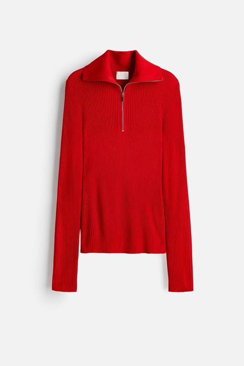 Rib-knit zip-top top - red