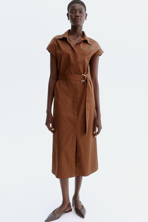 Belted poplin shirt dress - brown