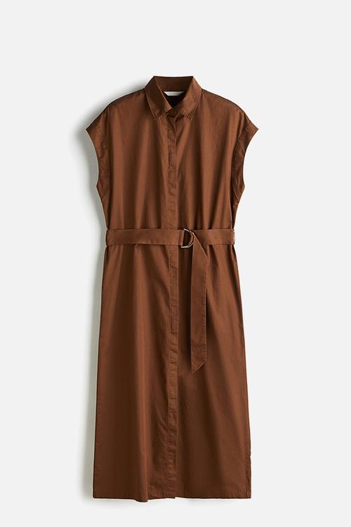 Belted poplin shirt dress - brown