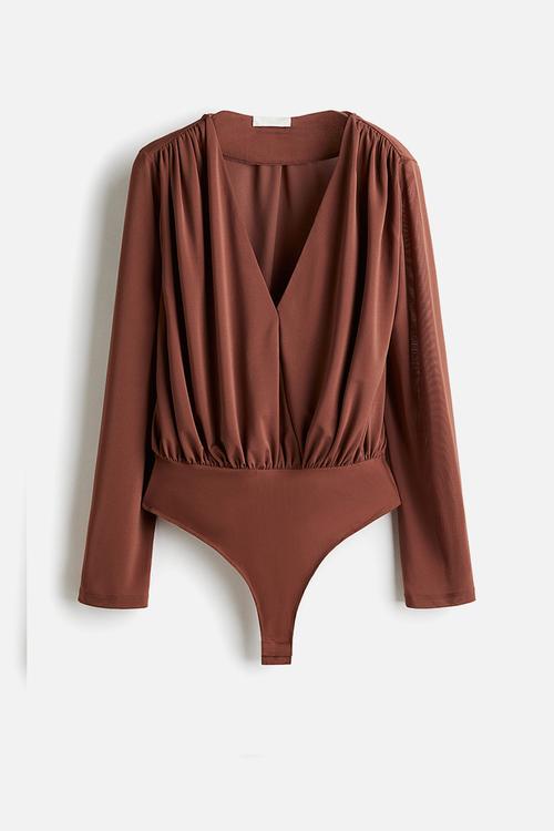 Draped v-neck thong body - dusty brown