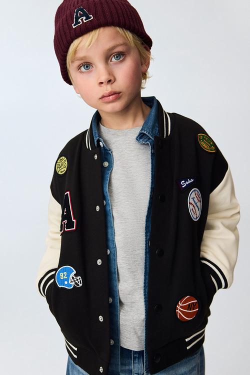Motif-detail baseball jacket - black/colour block