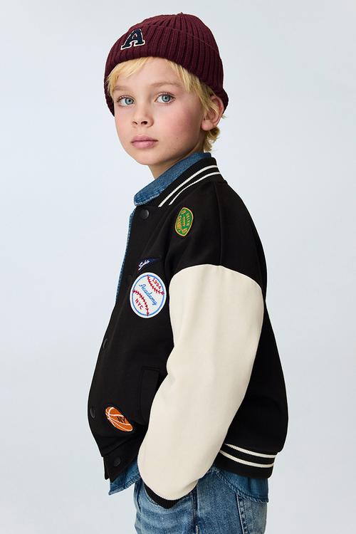 Motif-detail baseball jacket - black/colour block
