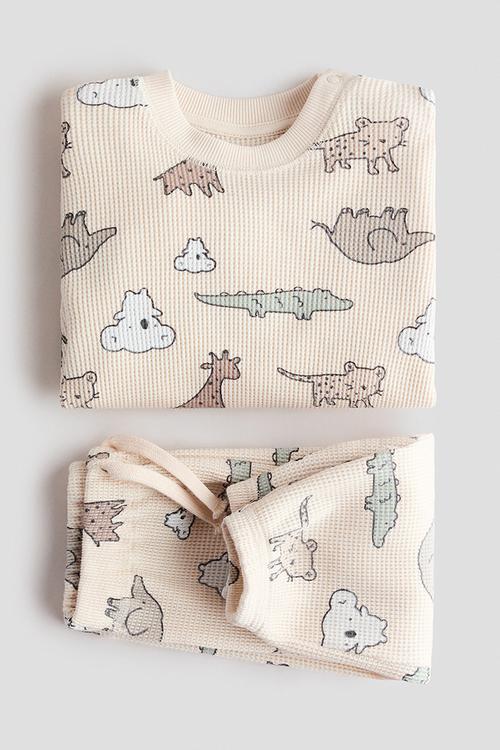 2-piece printed waffled set - light beige/animals