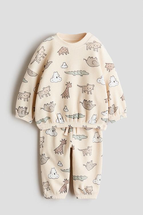 2-piece printed waffled set - light beige/animals