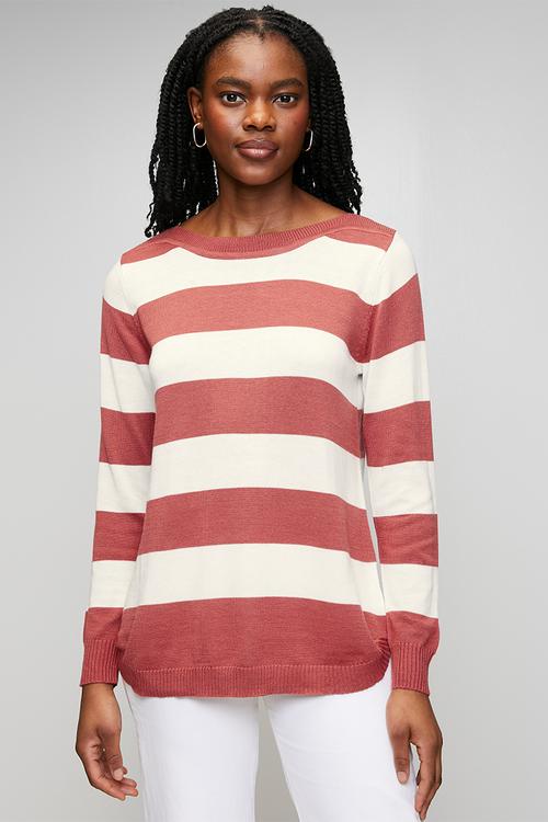 L/S Boat Neck Wool Blend Stripe Sweater - Rosewood