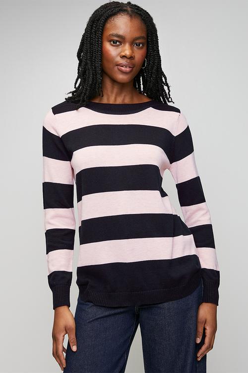 L/S Boat Neck Wool Blend Stripe Sweater - Navy