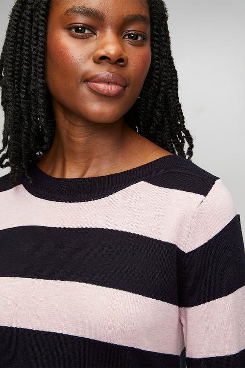 L/S Boat Neck Wool Blend Stripe Sweater - Navy