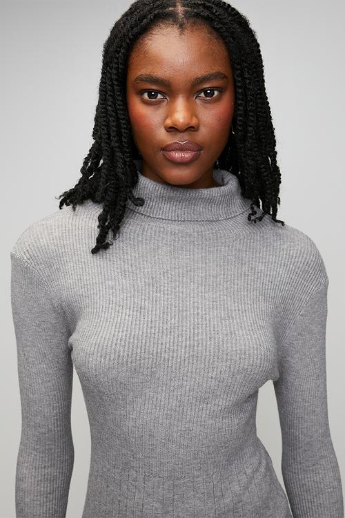L/S High Neck A-Line Sweater Dress - Grey
