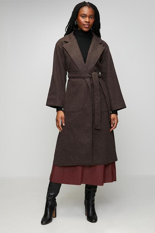 L/S Button Through Melton Melange Coat With Drop Shoulder And Enlarged Front Pockets - Chocolate