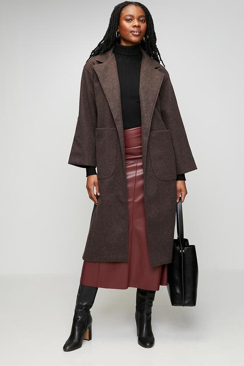 L/S Button Through Melton Melange Coat With Drop Shoulder And Enlarged Front Pockets - Chocolate
