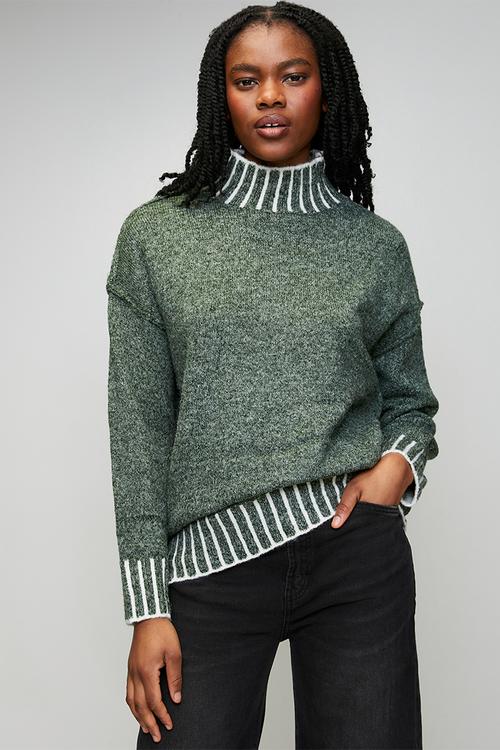 L/S Longer Length High Neck Melange Sweater - Emerald