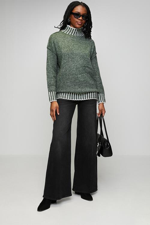 L/S Longer Length High Neck Melange Sweater - Emerald