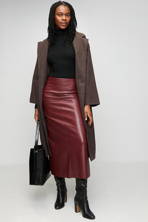 High Waisted A-Line Faux Leather Maxi Skirt - Red Dahlia