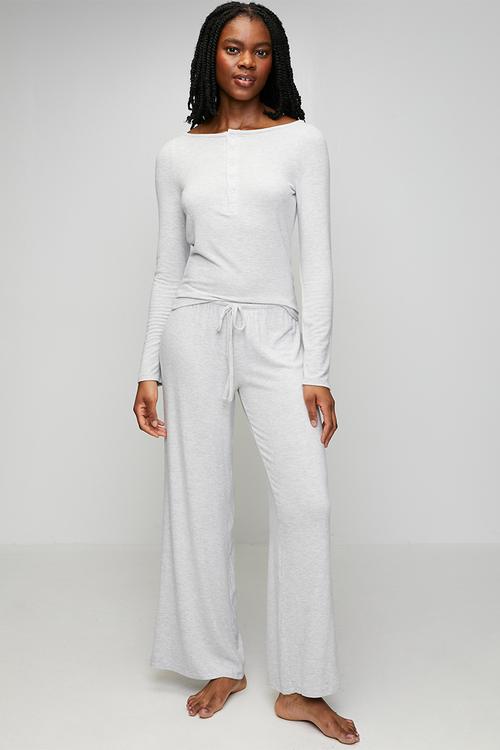 Supersoft boat neck henley long sleeve set - light grey marle