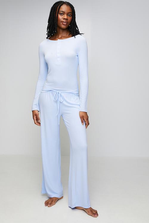 Supersoft boat neck henley long sleeve set - violet blue