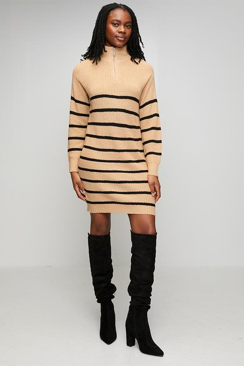 Half Zip Neck Dress With Stripe - Biscuit/Black