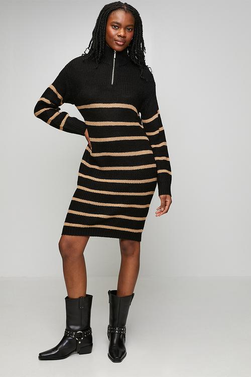 Half Zip Neck Dress With Stripe - Black/Biscuit
