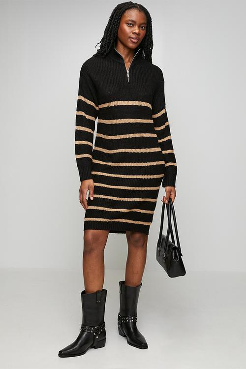 Half Zip Neck Dress With Stripe - Black/Biscuit