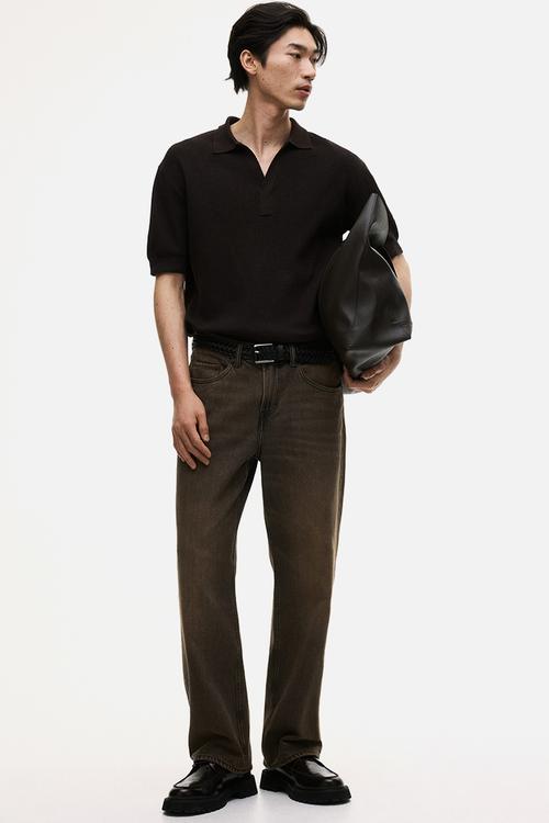 Regular fit knitted polo shirt - dark brown