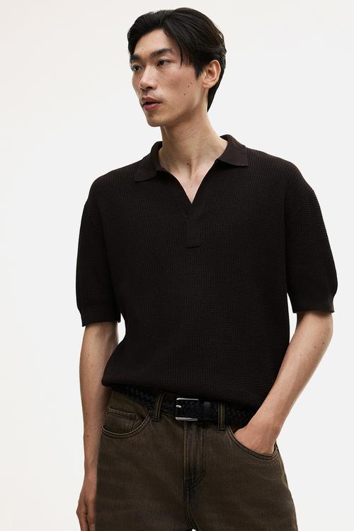 Regular fit knitted polo shirt - dark brown