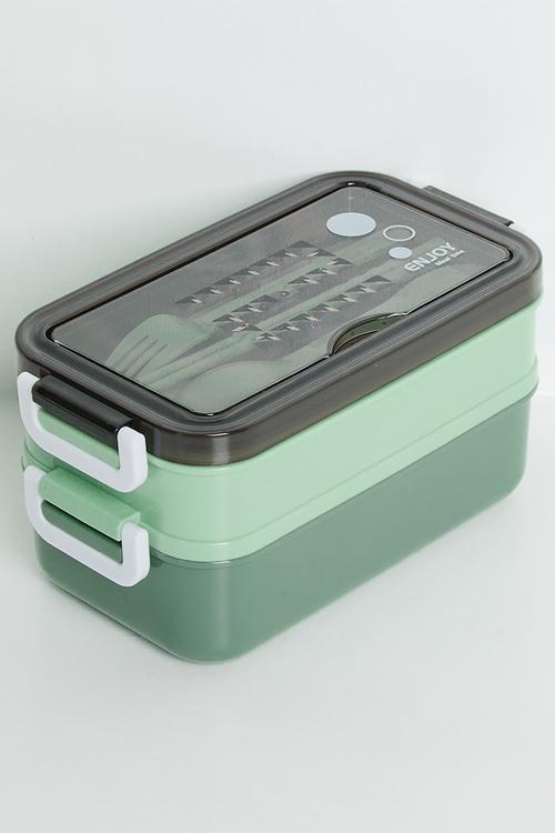 Double tier lunchbox with utensils - green