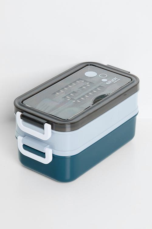 Double tier lunchbox with utensils - blue