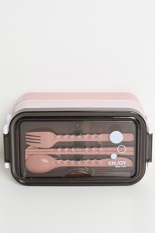 Double tier lunchbox with utensils - pink
