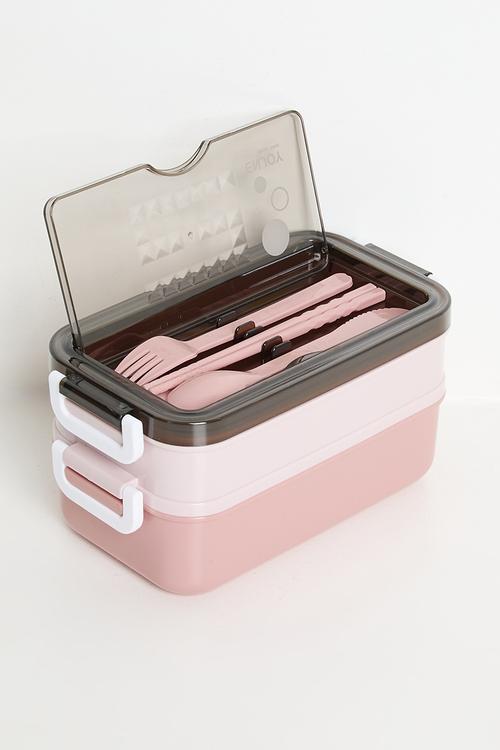 Double tier lunchbox with utensils - pink