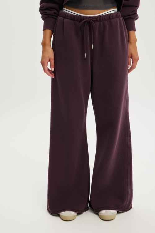Active Raw Edge Wide Leg Sweatpant - Washed Choc Plum