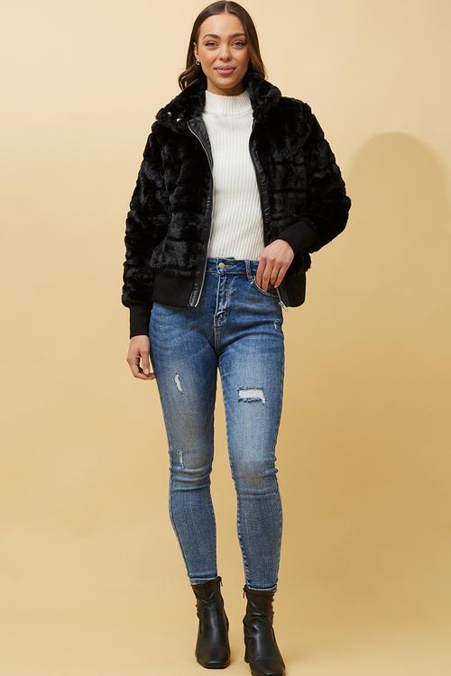 L/S Faux Fur Zip Through Jacket - Black