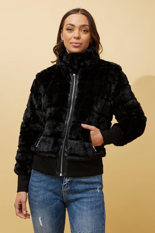 L/S Faux Fur Zip Through Jacket - Black