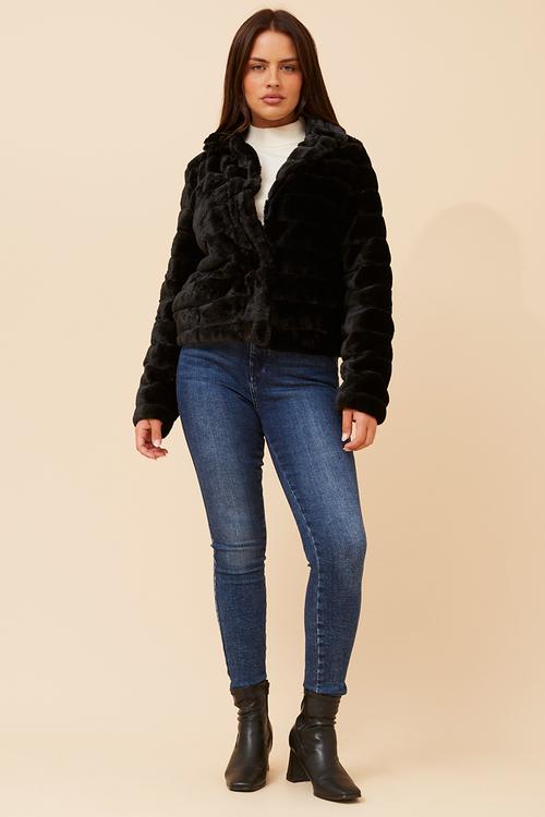 L/S Faux Fur One Button Jacket - Black