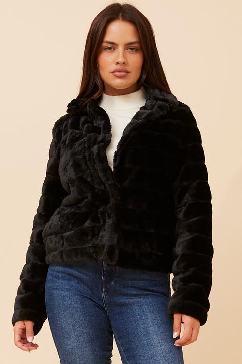 L/S Faux Fur One Button Jacket - Black