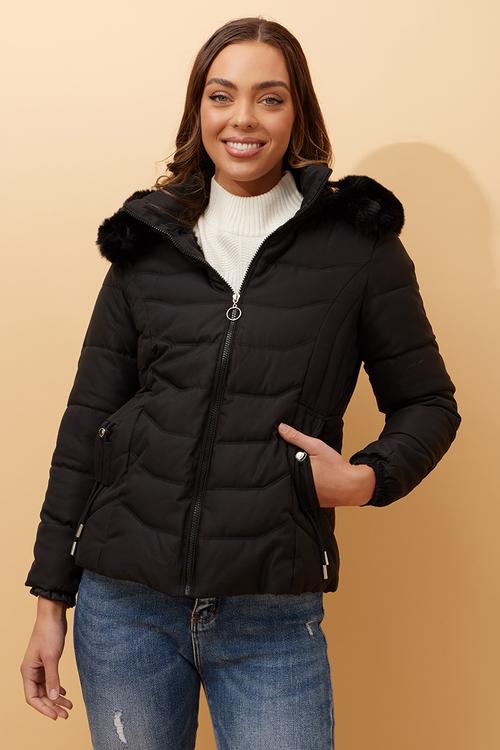 L/S Zip Through Puffer Jacket With Detachable Fur On Hood - Black